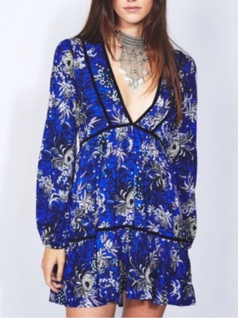 Jaase Midnight Blue Lotus Jessie Mini Dress Deep V Velvet Trim Mini Dress Size L